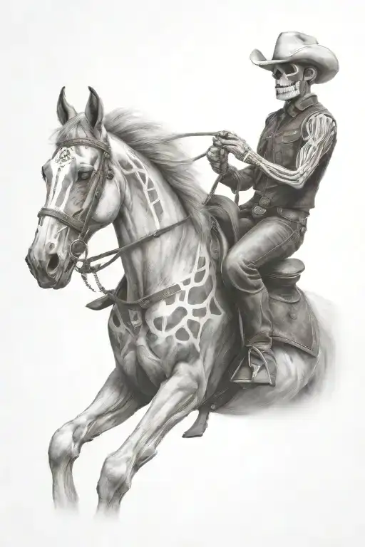 skeleton cowboy, skeleton horse, black and white, detailed tattoo design idea