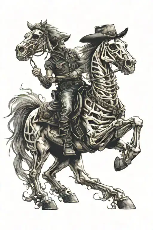 skeleton cowboy, skeleton horse, fire tattoo design idea