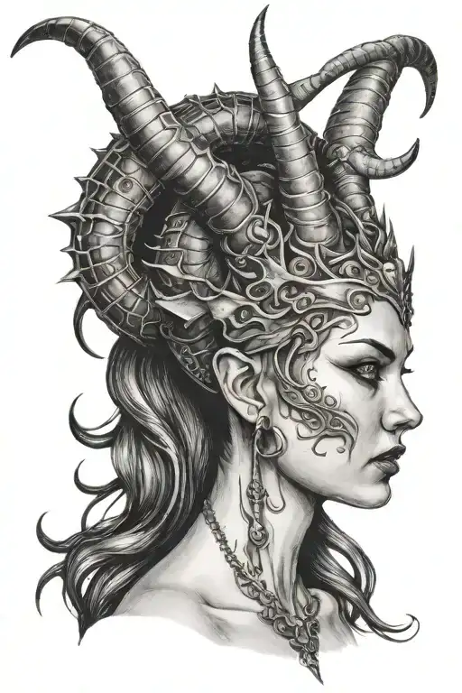succubus, small head horns, attractive woman, seductive, large reasted, symetrical horns tattoo design idea