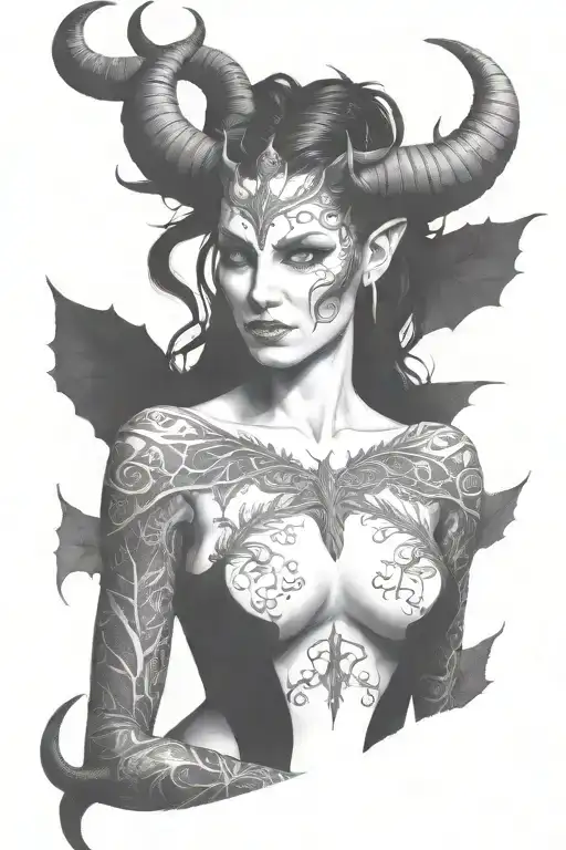 succubus, full body, silohuette, large horns on head, smiling, seductive, symetrical, thorns, large breasted tattoo design idea