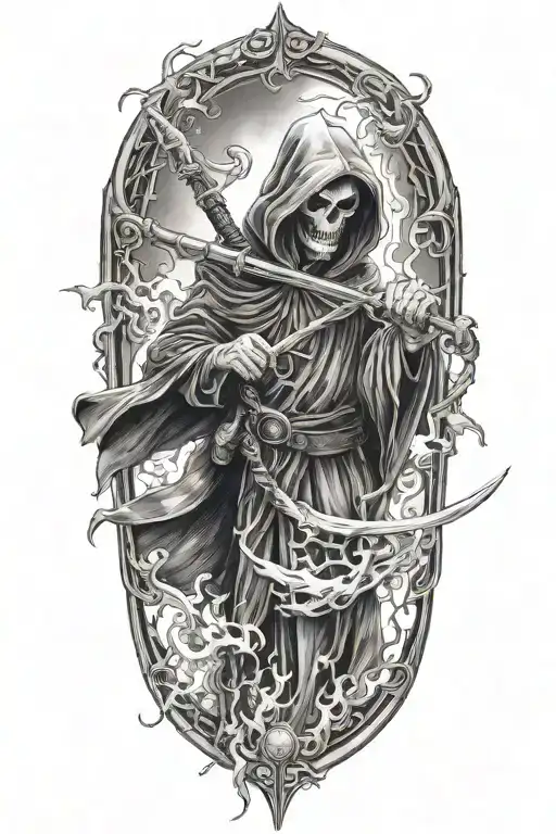 Grim Reaper, smoke, succubus, scythe tattoo design idea