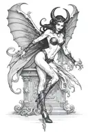 succubus, standing, heels, batwings, large breasted, laced clothing, attractive woman, large horns, seductive, togue out tattoo design idea