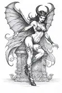 succubus, standing, heels, batwings, large breasted, laced clothing, attractive woman, large horns, seductive, togue out tattoo design idea