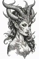 succubus, small head horns, attractive woman, seductive, large reasted, symetrical horns, full body tattoo design idea