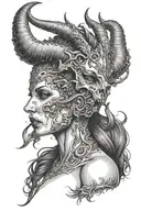 succubus, small head horns, attractive woman, seductive, large reasted, symetrical horns, full body tattoo design idea