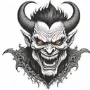demon face, scary, disgusting scary evil smile, sharp teeth, angry, dark tattoo design idea