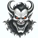 demon face, scary, disgusting scary evil smile, sharp teeth, angry, dark tattoo design idea