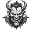 demon face, scary, disgusting scary evil smile, sharp teeth, angry, dark tattoo design idea