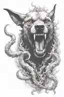 hell hound, smoke, vicious, fire, horns tattoo design idea