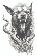 hell hound, smoke, vicious, fire, horns tattoo design idea