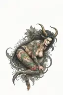 Succubus, seductive, large breasted, lingerie, tattooed, full body, standing tattoo design idea