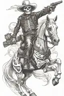 skeleton cowboy, skeleton horse, fire tattoo design idea