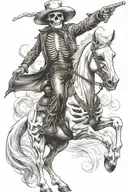 skeleton cowboy, skeleton horse, fire tattoo design idea