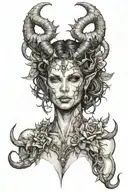 succubus, full body, silohuette, large horns on head, smiling, seductive, symetrical, thorns, large breasted, nude tattoo design idea