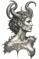 succubus, full body, silohuette, large horns on head, smiling, seductive, symetrical, thorns, large breasted, nude tattoo design idea