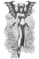 succubus, standing, heels, batwings, large breasted, laced clothing, attractive woman, large horns tattoo design idea
