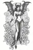 succubus, standing, heels, batwings, large breasted, laced clothing, attractive woman, large horns tattoo design idea