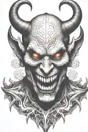 Demon face, evil, smiling tattoo design idea