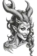 succubus, seductive, tongue out, sexual, large breasted, attractive woman, demoness, twisted horns, smiling tattoo design idea