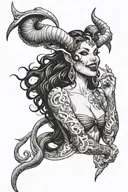 succubus, seductive, tongue out, sexual, large breasted, attractive woman, demoness, twisted horns, smiling tattoo design idea