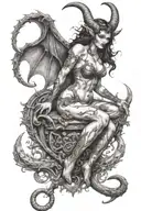 succubus, full body, tattooed, large breasted, attractive woman, large twisted horns, demoness, seductive, detailed tattoo design idea