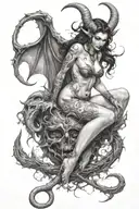 succubus, full body, tattooed, large breasted, attractive woman, large twisted horns, demoness, seductive, detailed tattoo design idea