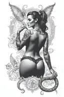 Succubus, seductive, large breasted, lingerie, tattooed, full body, standing tattoo design idea