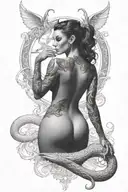 Succubus, seductive, large breasted, lingerie, tattooed, full body, standing tattoo design idea