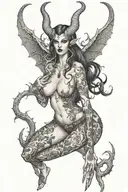 Succubus, seductive, large breasted, lingerie, tattooed, full body, standing, large horns, thorns tattoo design idea
