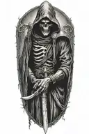 hooded Reaper, darkness,, scary, holding a scythe, blade tattoo design idea