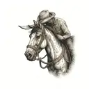 cowboy horseback, sideview, detailed, standing still, holding reigns tattoo design idea