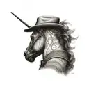 cowboy horseback, sideview, detailed, standing still, holding reigns tattoo design idea