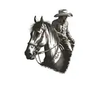 cowboy horseback, sideview, detailed, standing still, holding reigns tattoo design idea