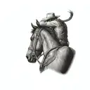 cowboy horseback, sideview, detailed, standing still, holding reigns tattoo design idea