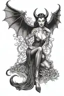 Succubus, seductive, large breasted, lingerie, bat wings, tattooed, full body tattoo design idea