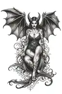 Succubus, seductive, large breasted, lingerie, bat wings, tattooed, full body tattoo design idea
