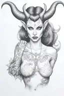 succubus, large breasted, attractive woman, small horns, symetrical horns tattoo design idea