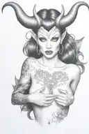 succubus, large breasted, attractive woman, small horns, symetrical horns tattoo design idea