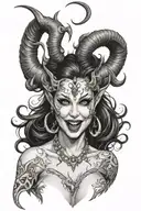 succubus, seductive, tongue, sexual, large breasted, attractive woman, demoness, twisted horns, smiling, full body tattoo design idea