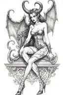 succubus, standing, heels, batwings, large breasted, laced clothing, attractive woman, large horns tattoo design idea