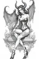 succubus, standing, heels, batwings, large breasted, laced clothing, attractive woman, large horns tattoo design idea