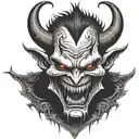 demon face, scary, disgusting scary evil smile, sharp teeth, angry, dark tattoo design idea