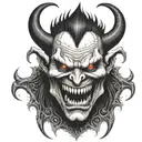 demon face, scary, disgusting scary evil smile, sharp teeth, angry, dark tattoo design idea