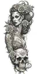 succubus, smoke, thorns, seductive, attractive woman, skulls, roses, horns tattoo design idea