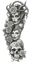 succubus, smoke, thorns, seductive, attractive woman, skulls, roses, horns tattoo design idea
