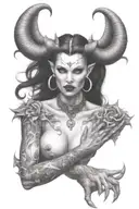 succubus, large breasted, attractive woman, horns tattoo design idea