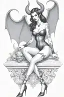 succubus, standing, heels, batwings, large breasted, laced clothing, attractive woman, large horns tattoo design idea