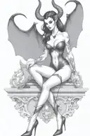 succubus, standing, heels, batwings, large breasted, laced clothing, attractive woman, large horns tattoo design idea