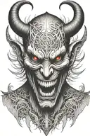 Demon face, evil, smiling tattoo design idea