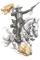 skeleton cowboy, skeleton horse, fire tattoo design idea